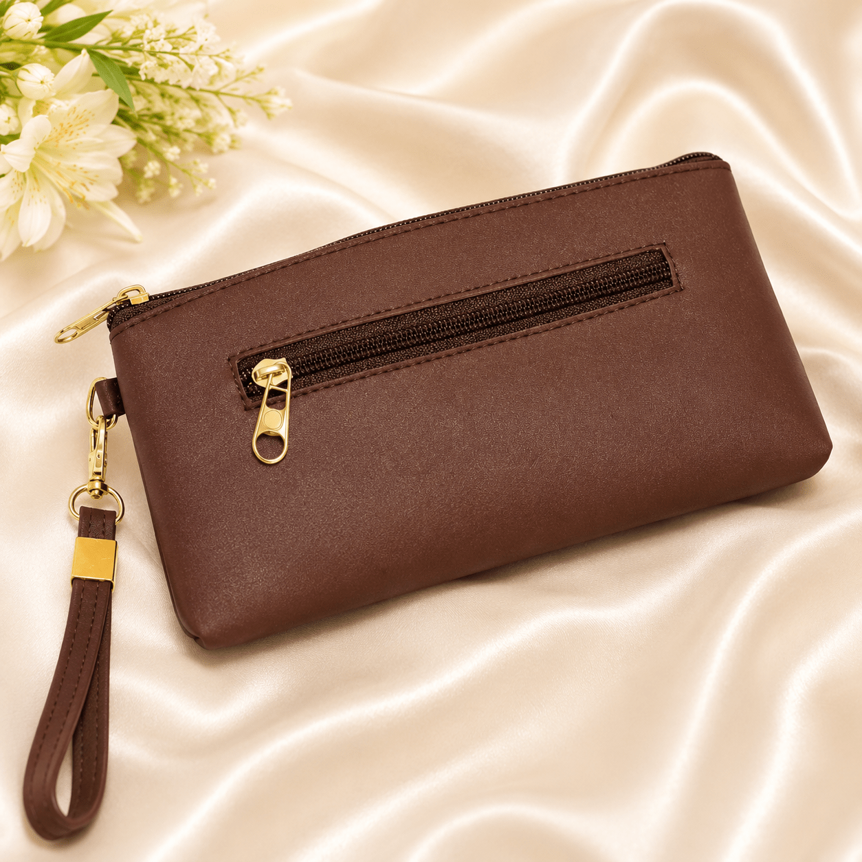 Kyrin Dark Brown Multipurpose Leatherette Pouch with Wrist Strap | Cosmetic, Makeup & Travel Organizer for Women - Image 3
