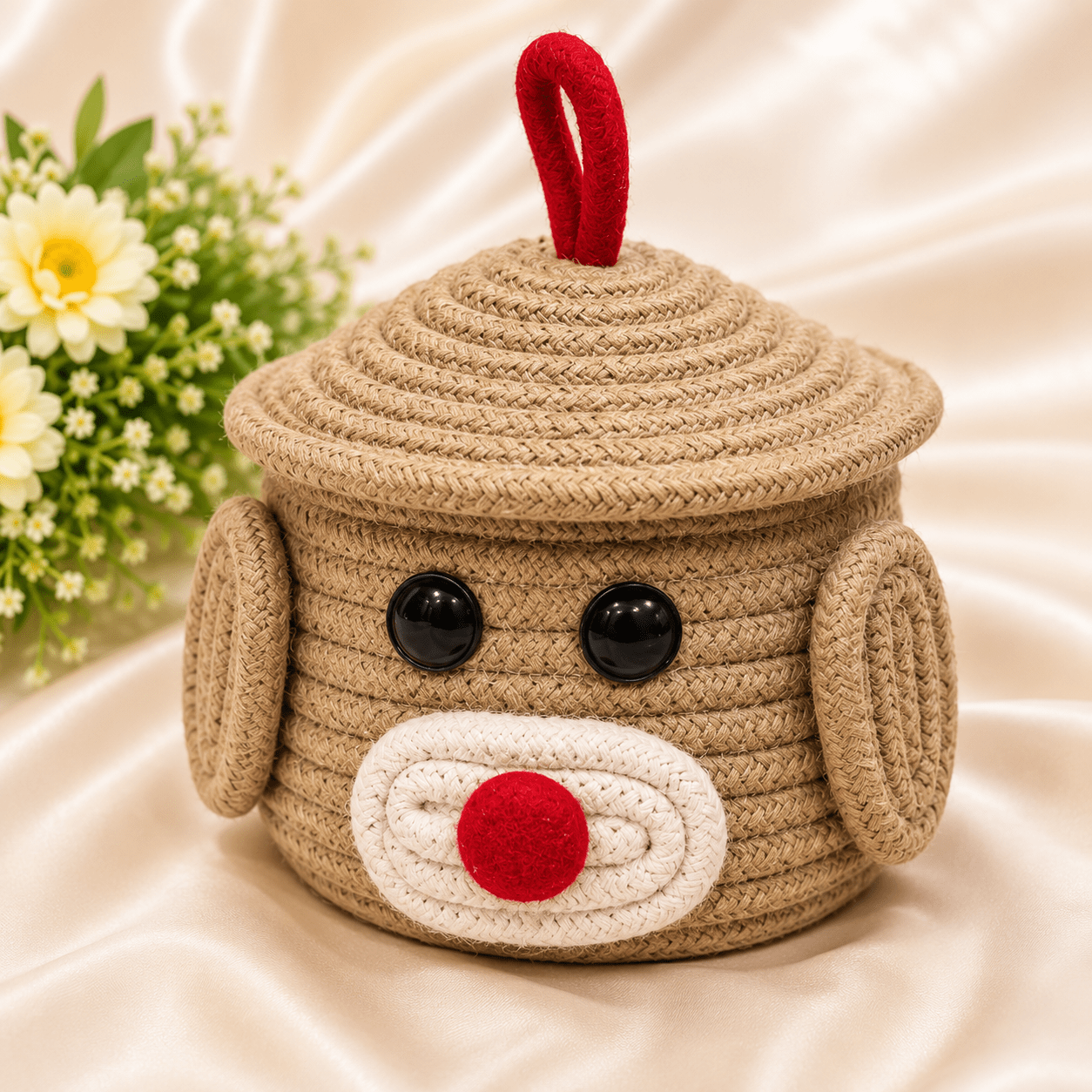 Kyrin Handmade Puppy Jute Storage Basket with Lid | Cute Multipurpose Rope Organizer for Kids, Nursery & Home Decor - Image 2
