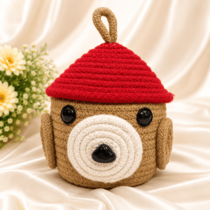 Kyrin Handmade Teddy Bear Jute Storage Basket with Lid | Cute Multipurpose Organizer for Kids, Nursery & Home Decor