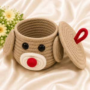 Kyrin Handmade Puppy Jute Storage Basket with Lid | Cute Multipurpose Rope Organizer for Kids, Nursery & Home Decor
