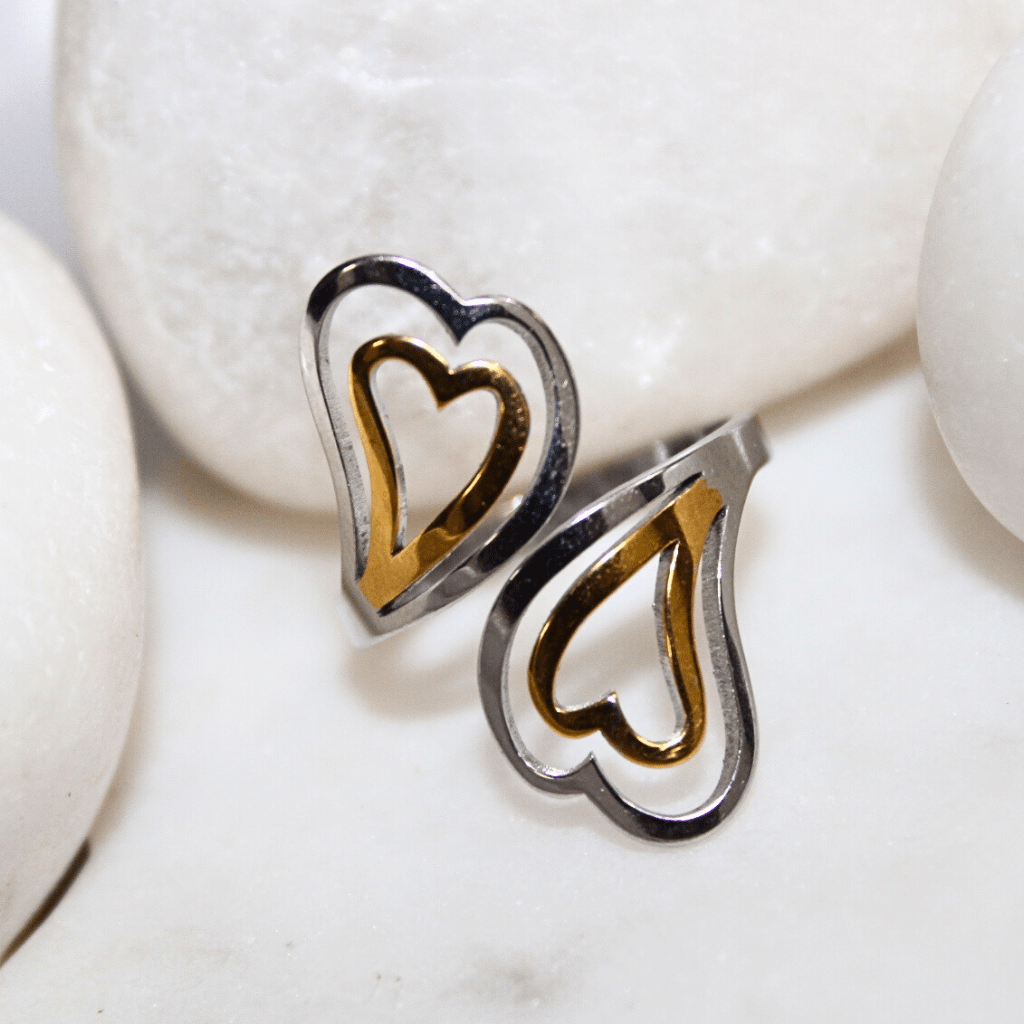 Kyrin Anti-Tarnish Dual Tone Heart Ring for Women | Lightweight Adjustable Stainless Steel Ring | Elegant Gold & Silver Adjustable Ring - Image 3