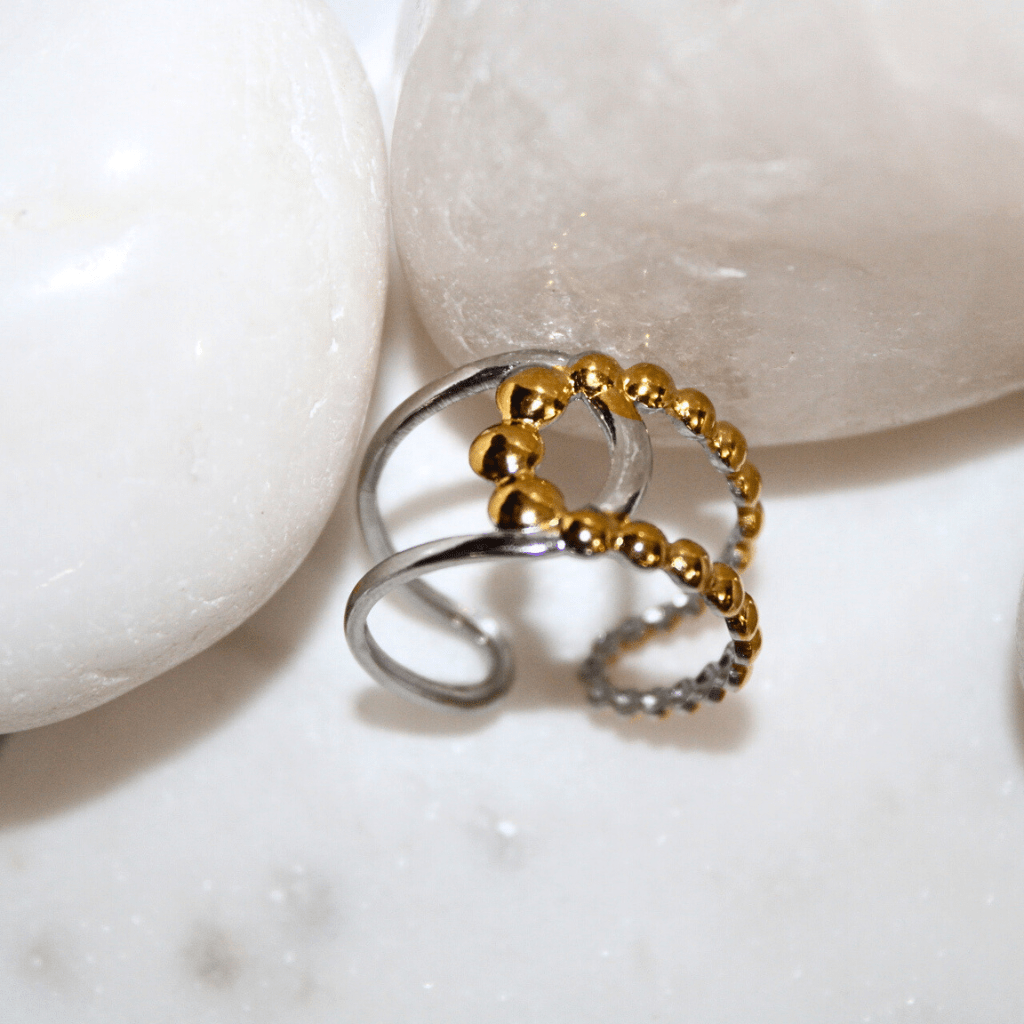 Kyrin Anti-Tarnish Dual Tone Beaded Adjustable Ring – Lightweight Stainless Steel Ring for Women - Image 2