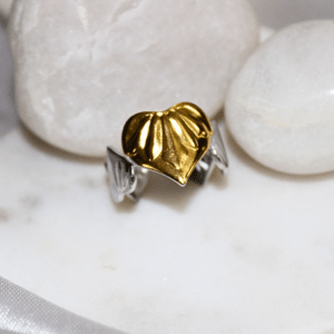 Kyrin Anti-Tarnish Dual Tone Heart Leaf Adjustable Ring – Lightweight Stainless Steel Ring for Women