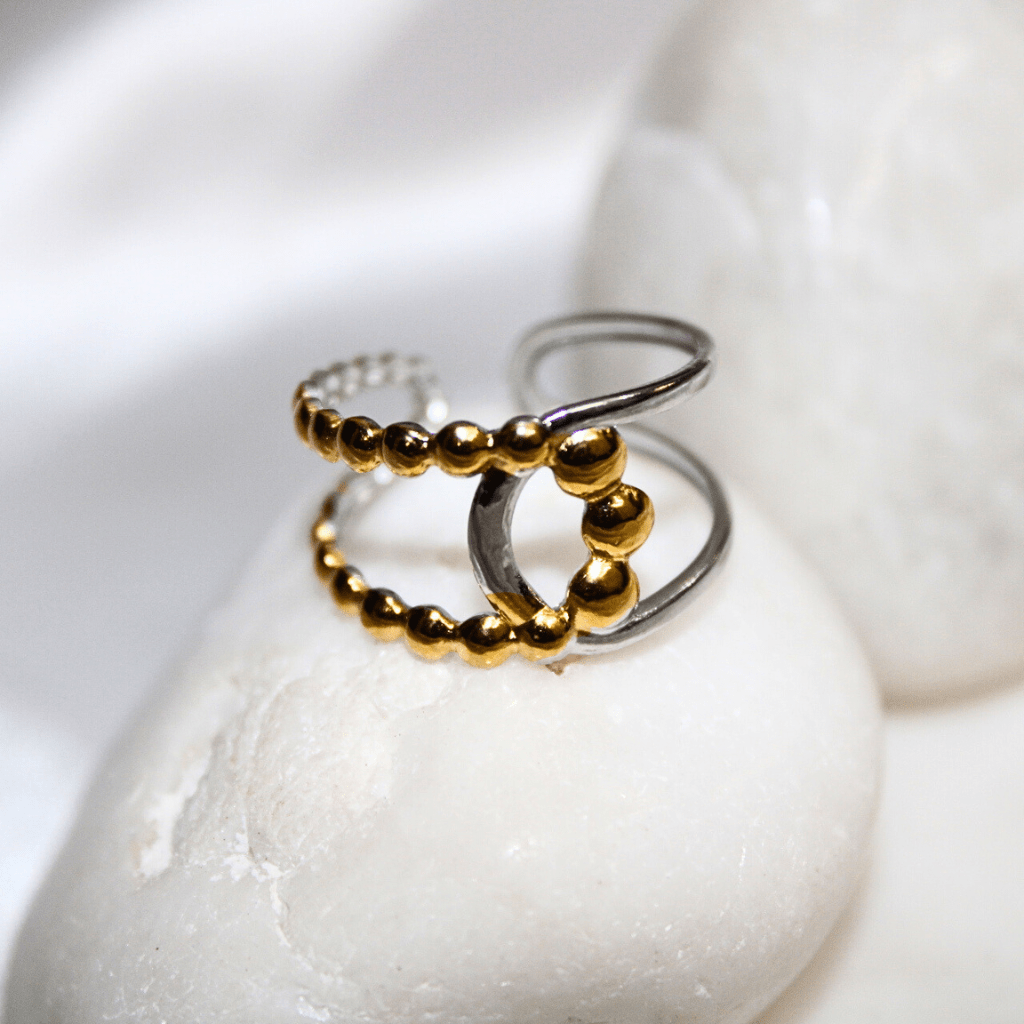 Kyrin Anti-Tarnish Dual Tone Beaded Adjustable Ring – Lightweight Stainless Steel Ring for Women