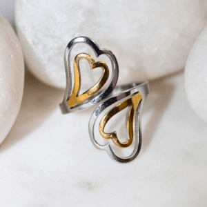 Kyrin Anti-Tarnish Dual Tone Heart Ring for Women | Lightweight Adjustable Stainless Steel Ring | Elegant Gold & Silver Adjustable Ring