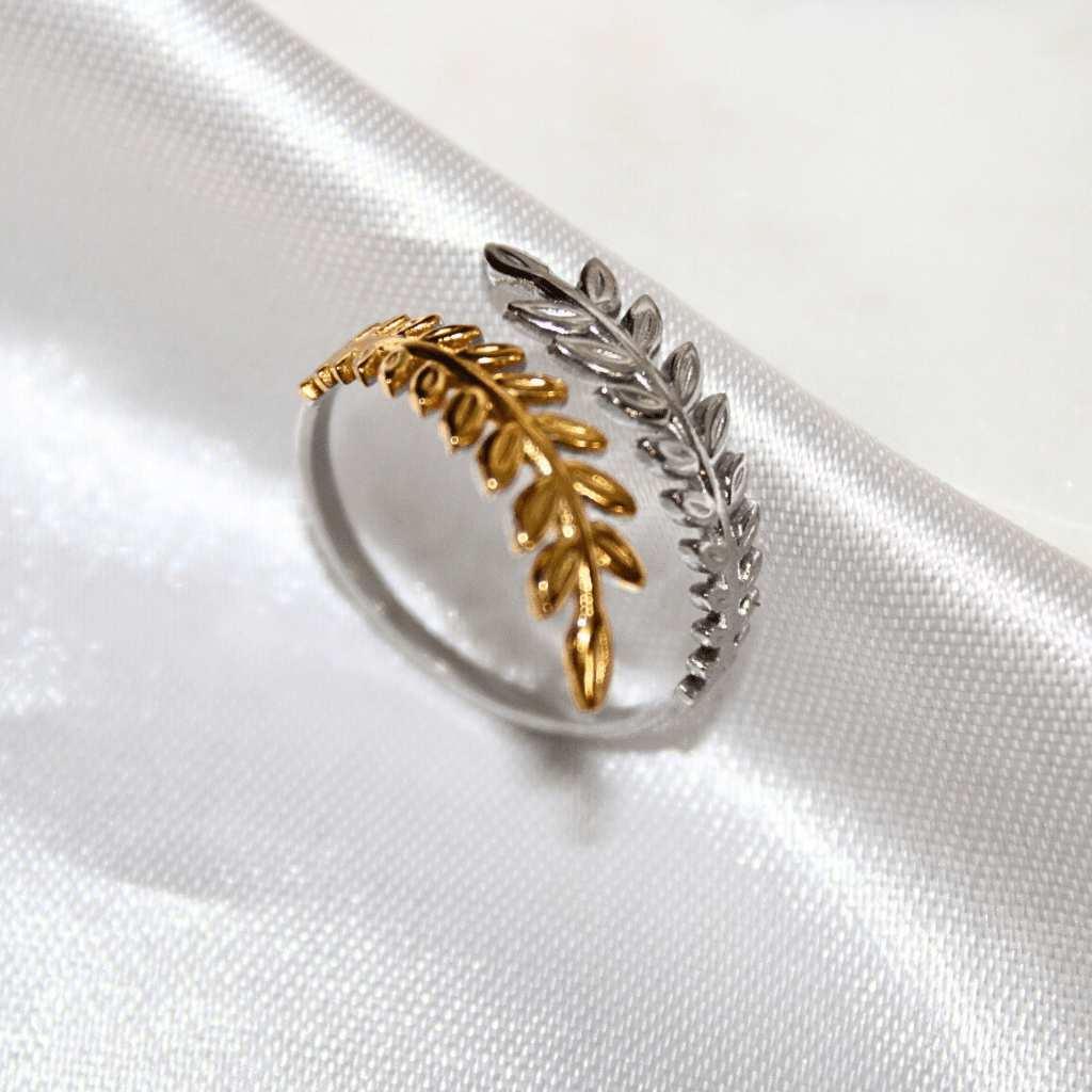 Kyrin Anti-Tarnish Dual Tone Leaf Adjustable Ring – Lightweight Stainless Steel Nature Inspired Ring for Women - Image 3