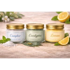 Kyrin Aromatherapy Scented Candle Set (Pack of 3) – Camphor, Eucalyptus & Lemon | Handmade Soy Wax Mini Jar Candles for Relaxation