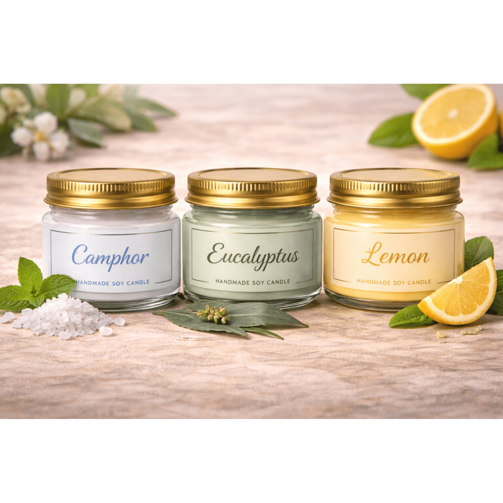 Kyrin Aromatherapy Scented Candle Set (Pack of 3) – Camphor, Eucalyptus & Lemon | Handmade Soy Wax Mini Jar Candles for Relaxation