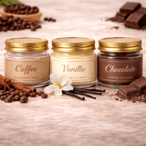 Kyrin Dessert Scented Candle Set – Coffee, Vanilla & Chocolate (Pack of 3) | Handmade Soy Wax Mini Jar Candles