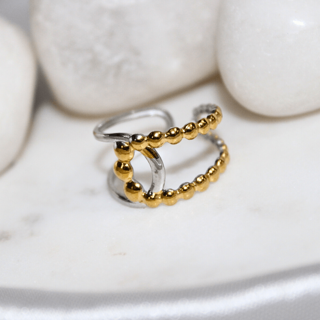Kyrin Anti-Tarnish Dual Tone Beaded Adjustable Ring – Lightweight Stainless Steel Ring for Women - Image 3