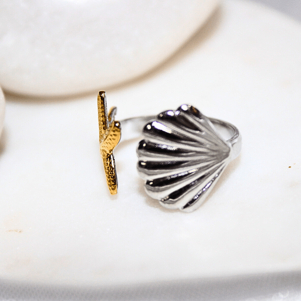 Kyrin Anti-Tarnish Dual Tone Starfish & Shell Adjustable Ring – Lightweight Stainless Steel Ring for Women - Image 4