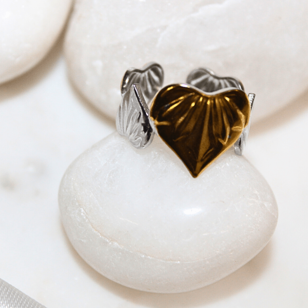 Kyrin Anti-Tarnish Dual Tone Heart Leaf Adjustable Ring – Lightweight Stainless Steel Ring for Women - Image 3