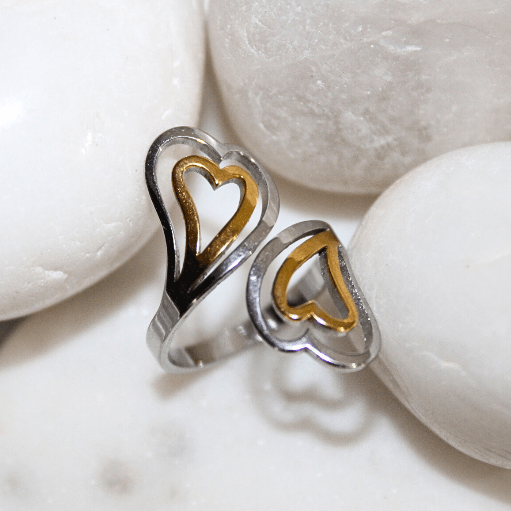 Kyrin Anti-Tarnish Dual Tone Heart Ring for Women | Lightweight Adjustable Stainless Steel Ring | Elegant Gold & Silver Adjustable Ring - Image 2