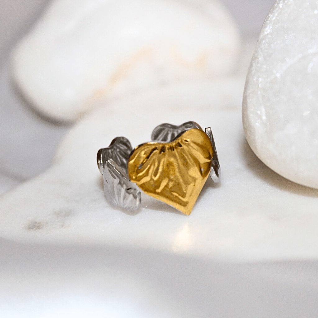 Kyrin Anti-Tarnish Dual Tone Heart Leaf Adjustable Ring – Lightweight Stainless Steel Ring for Women - Image 2