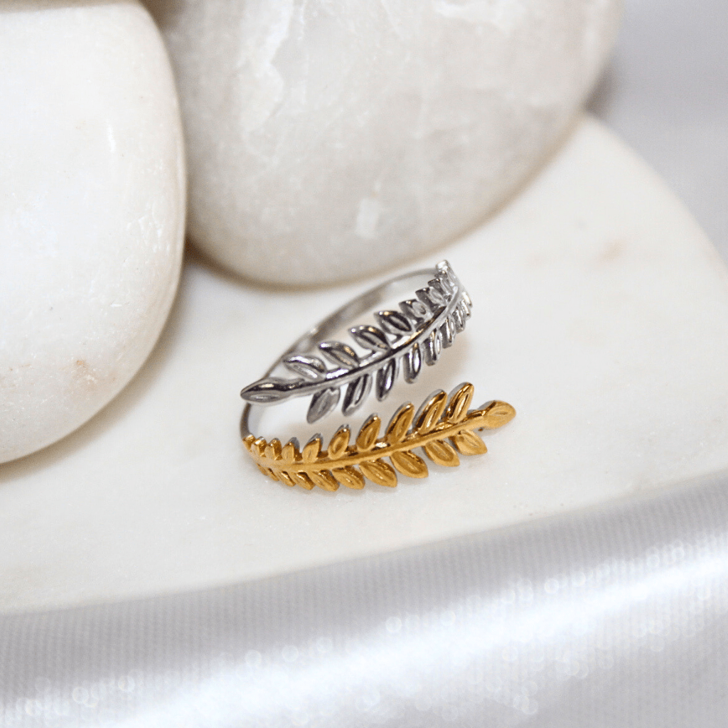 Kyrin Anti-Tarnish Dual Tone Leaf Adjustable Ring – Lightweight Stainless Steel Nature Inspired Ring for Women - Image 2