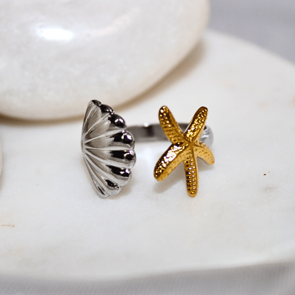 Kyrin Anti-Tarnish Dual Tone Starfish & Shell Adjustable Ring – Lightweight Stainless Steel Ring for Women