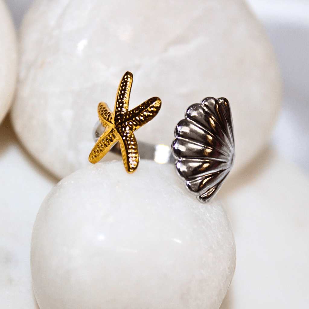 Kyrin Anti-Tarnish Dual Tone Starfish & Shell Adjustable Ring – Lightweight Stainless Steel Ring for Women - Image 3