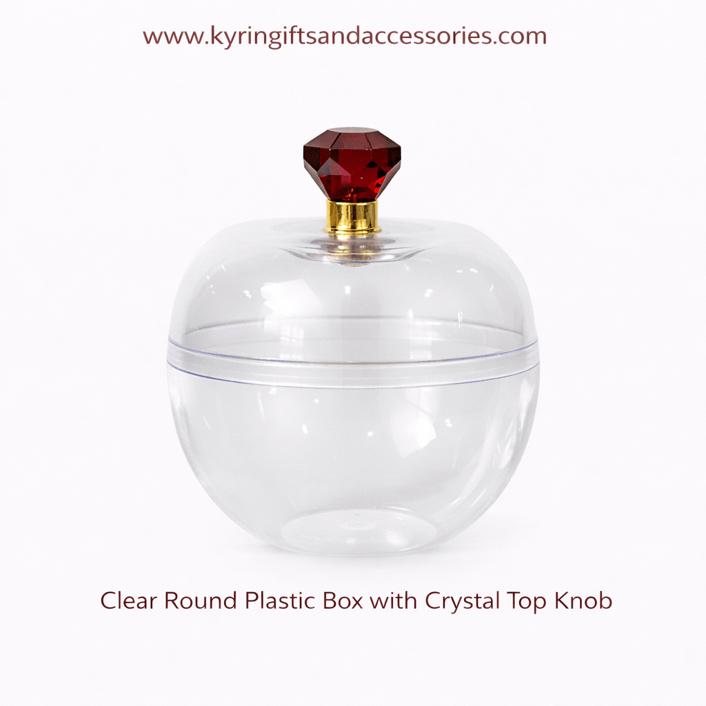 Kyrin Clear Round Plastic Gift Box with Crystal Top Knob | Transparent Storage Container | Kyrin Gifts & Accessories