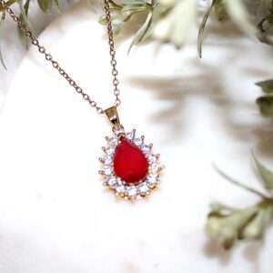 Kyrin Red Teardrop Crystal Gold Pendant Necklace