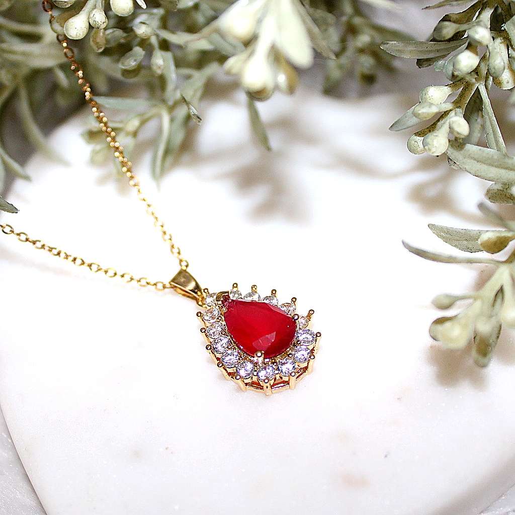Kyrin Red Teardrop Crystal Gold Pendant Necklace - Image 2