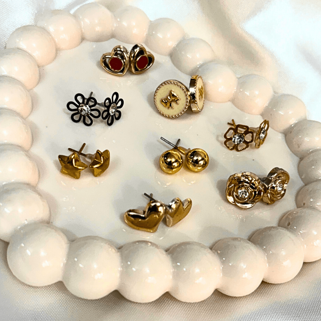 Kyrin Set of 8 Gold & Black Stud Earrings for Women | Heart, Flower & Minimal Designs | Daily Wear Trendy Earrings Combo Pack - Image 2