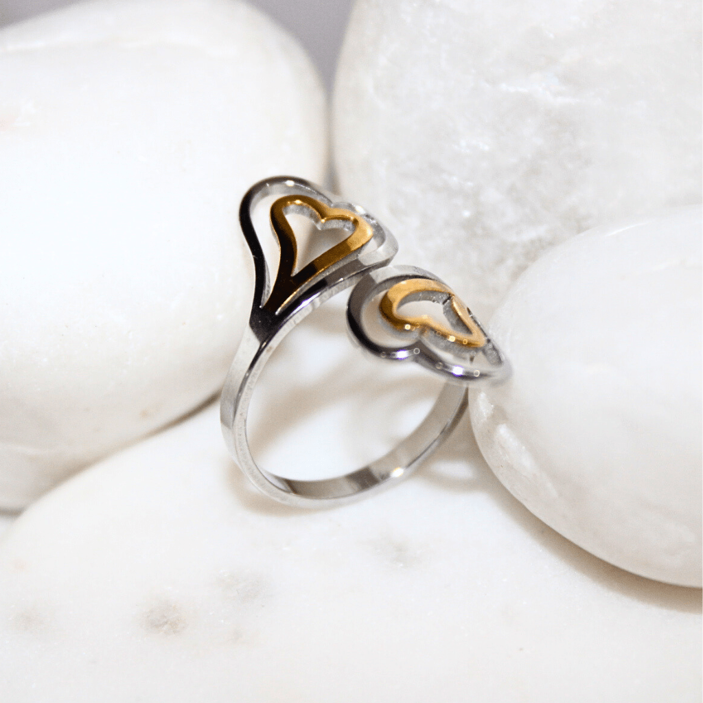 Kyrin Anti-Tarnish Dual Tone Heart Ring for Women | Lightweight Adjustable Stainless Steel Ring | Elegant Gold & Silver Adjustable Ring - Image 4