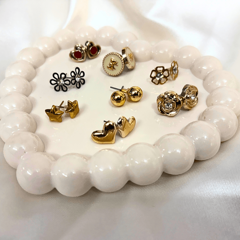 Kyrin Set of 8 Gold & Black Stud Earrings for Women | Heart, Flower & Minimal Designs | Daily Wear Trendy Earrings Combo Pack