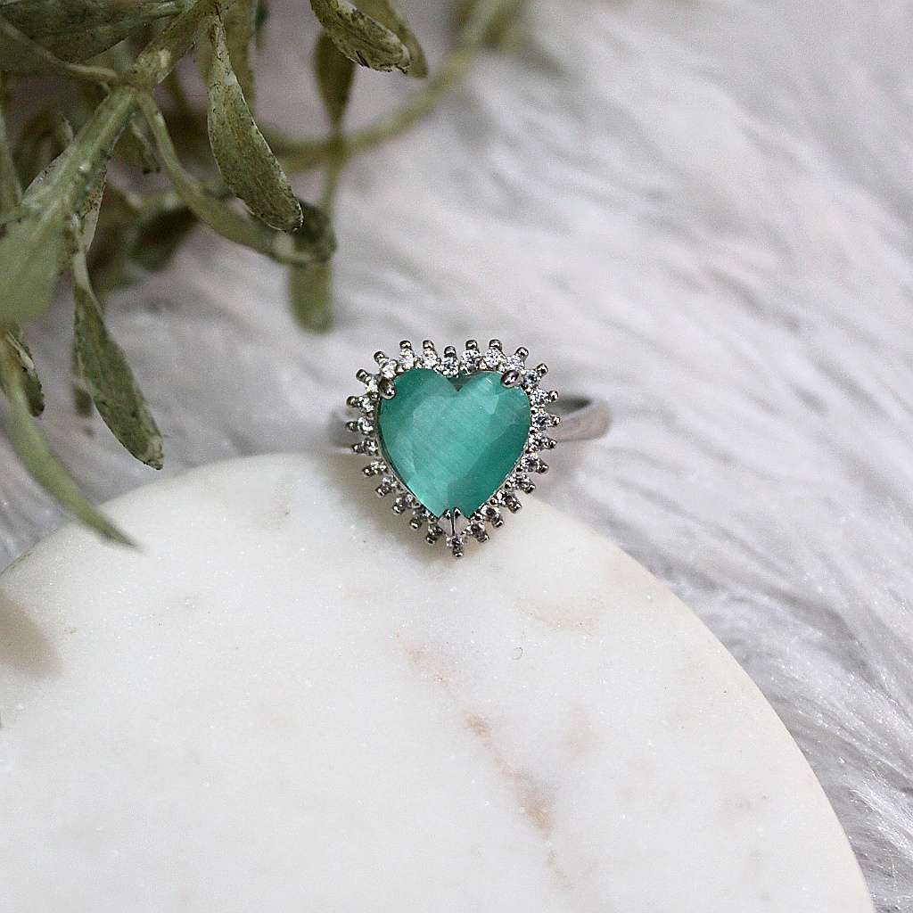 Kyrin Teal Heart Halo Ring – Anti Tarnish Stainless Steel Adjustable Ring - Image 4
