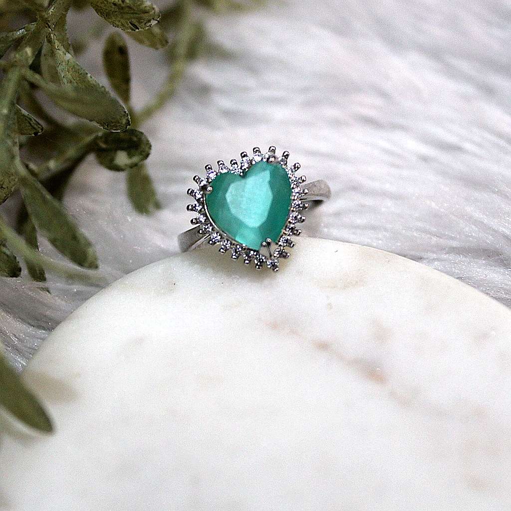 Kyrin Teal Heart Halo Ring – Anti Tarnish Stainless Steel Adjustable Ring - Image 3