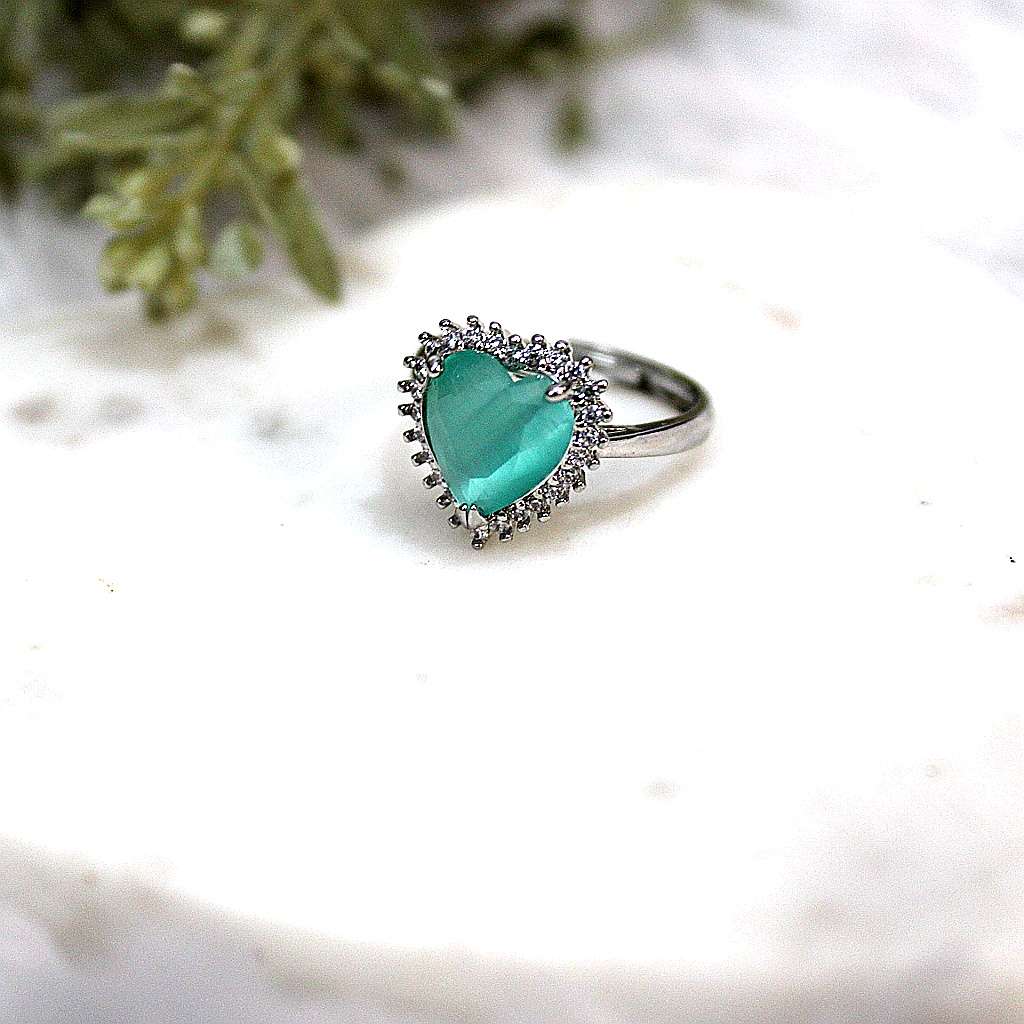 Kyrin Teal Heart Halo Ring – Anti Tarnish Stainless Steel Adjustable Ring