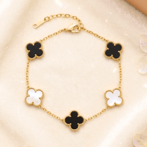 Dainty Black & White Clover Charm Bracelet | Gold Plated Anti-Tarnish Minimal Waterproof Jewelry