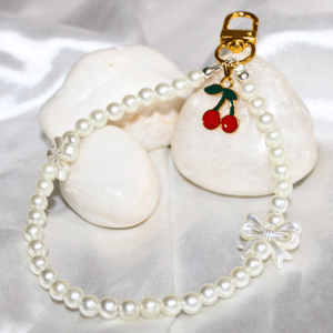 Kyrin Pearl Cherry Phone Charm | Korean Aesthetic Pearl Beaded Mobile & Bag Charm | Cute Handmade Accessory