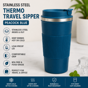 Kyrin Stainless Steel Thermo Travel Sipper – Peacock Blue | Leakproof Insulated Coffee Mug | Hot & Cold Travel Tumbler