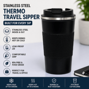 Kyrin Stainless Steel Thermo Travel Sipper – Matte Black | Leakproof Insulated Coffee Mug | Hot & Cold Travel Tumbler