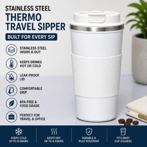 Kyrin Stainless Steel Thermo Travel Sipper – Classic White | Leakproof Insulated Coffee Mug | Hot & Cold Travel Tumbler