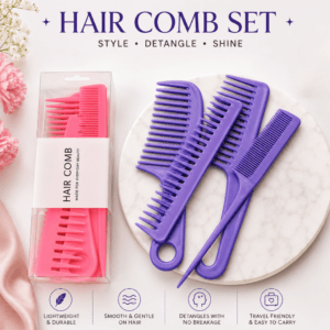 Kyrin 4 Piece Hair Comb Set for Women | Wide Tooth, Rat Tail, Handle & Styling Comb | Detangling Hair Comb Kit for Curly, Thick & Wet Hair |