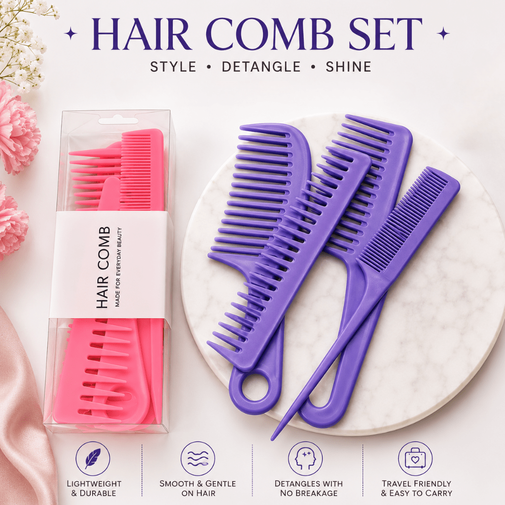 Kyrin 4 Piece Hair Comb Set for Women | Wide Tooth, Rat Tail, Handle & Styling Comb | Detangling Hair Comb Kit for Curly, Thick & Wet Hair |