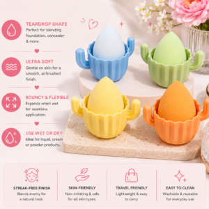 Kyrin Soft Teardrop Makeup Sponge with Cute Cactus Holder | Beauty Blender for Foundation, Concealer & Makeup Application