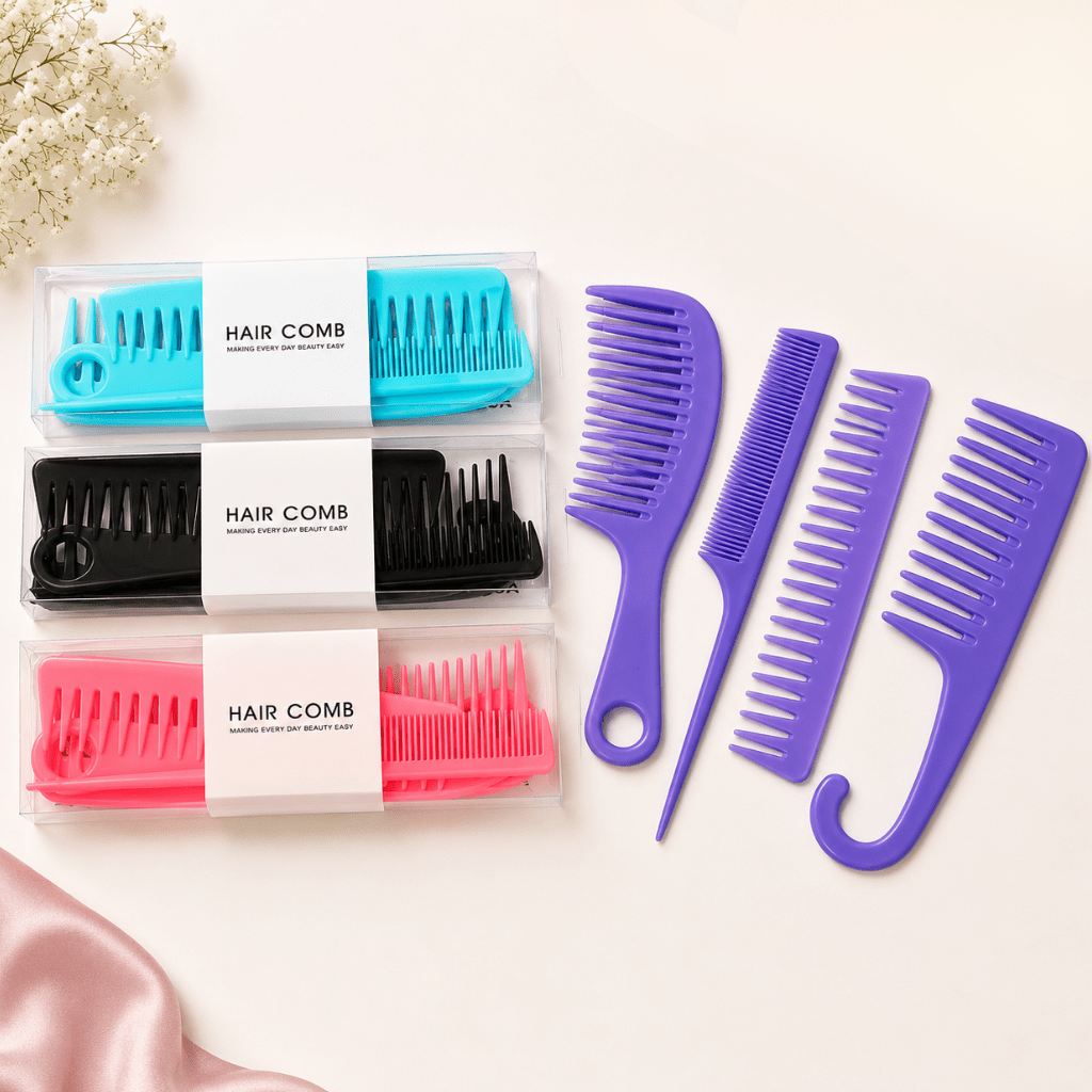 Kyrin 4 Piece Hair Comb Set for Women | Wide Tooth, Rat Tail, Handle & Styling Comb | Detangling Hair Comb Kit for Curly, Thick & Wet Hair | - Image 2