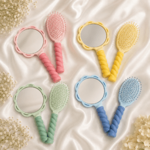 Kyrin flower hand mirror and hair brush set in pastel colors for women and girls