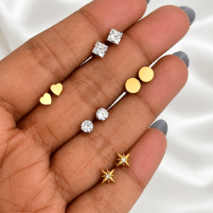 Kyrin 5-Pair Gold Flat Back Earrings Set, Waterproof Anti-Tarnish Stainless Steel Studs, Heart Crystal Star Earrings